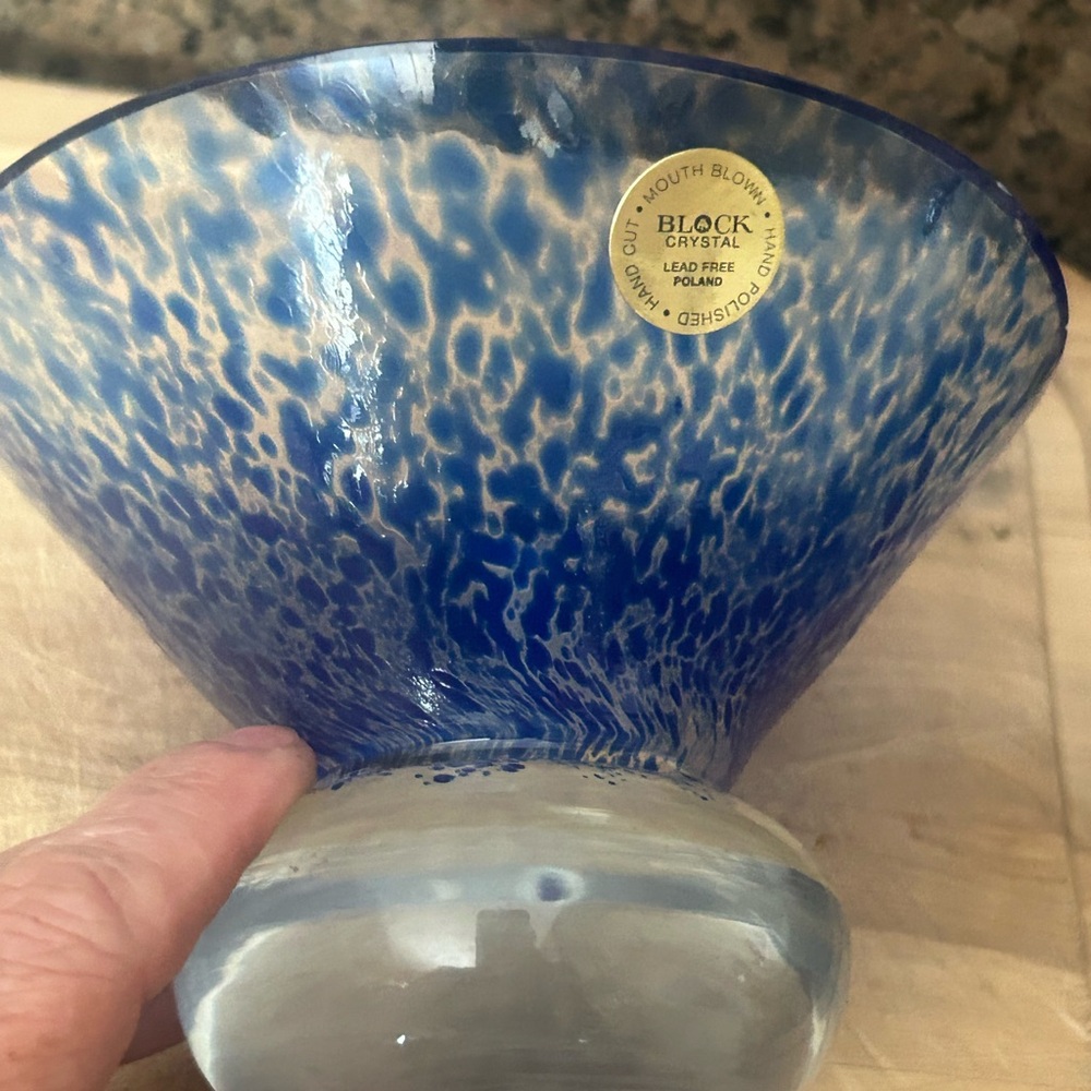 Blue speckled cone shaped bowl, cut crystal, hand cut; Poland